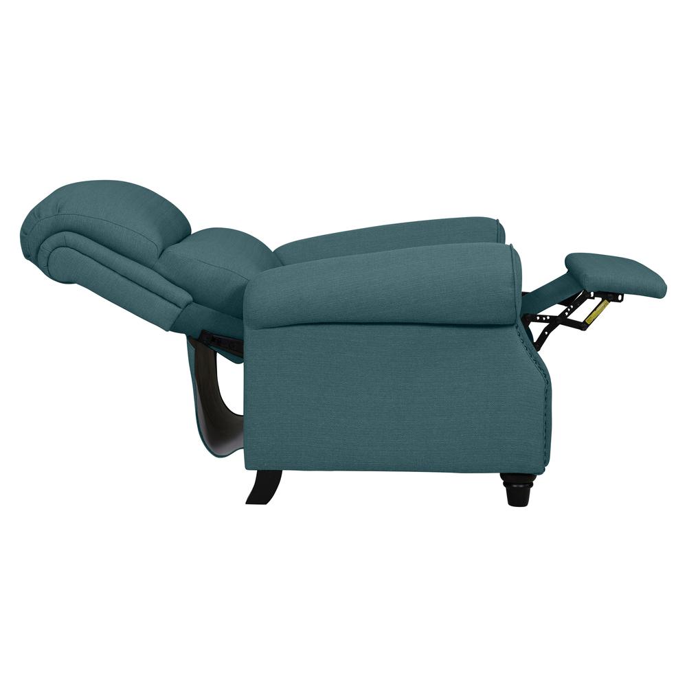 ProLounger Bustle-Back Pushback Recliner with Nailheads in Caribbean Blue Linen. Picture 7