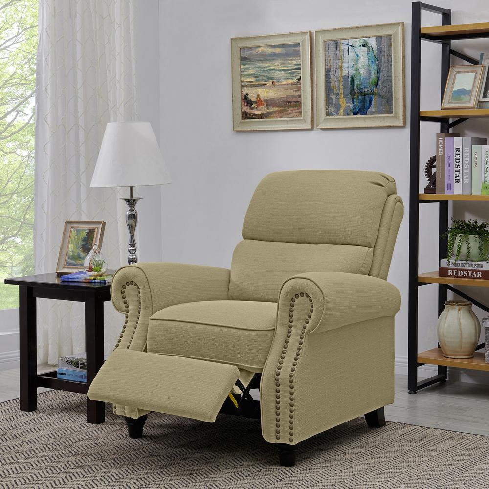 ProLounger Bustle-Back Pushback Recliner with Nailheads in Barley Tan Linen. Picture 10