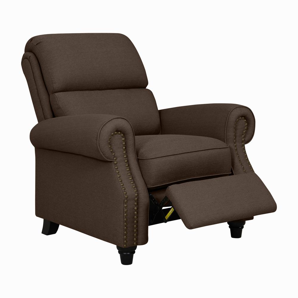 ProLounger Bustle-Back Pushback Recliner with Nailheads in Brown Linen. Picture 1