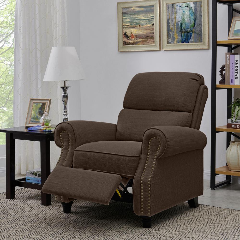 ProLounger Bustle-Back Pushback Recliner with Nailheads in Brown Linen. Picture 10