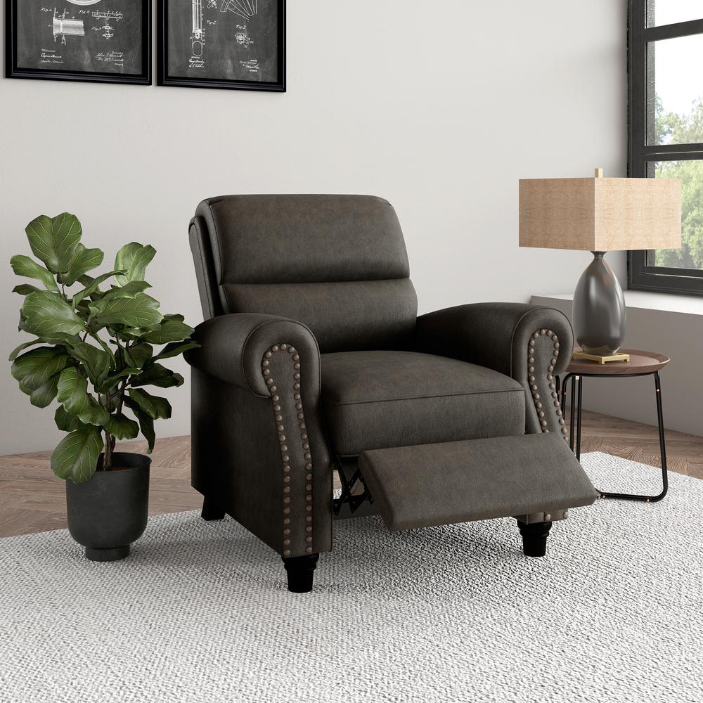 ProLounger Pushback Recliner with Nailheads in Distressed Grey Faux Leather. Picture 10
