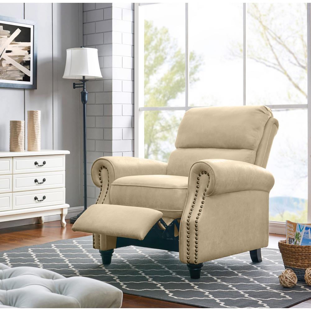 ProLounger Pushback Recliner with Nailheads in Distressed Latte Tan Faux Leather. Picture 9