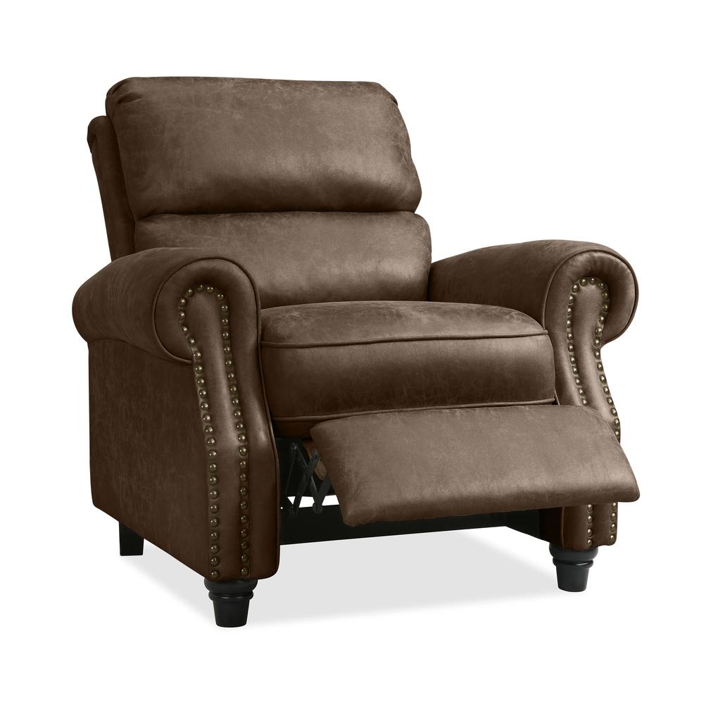 ProLounger Pushback Recliner with Nailheads in Distressed Brown Faux Leather. Picture 1