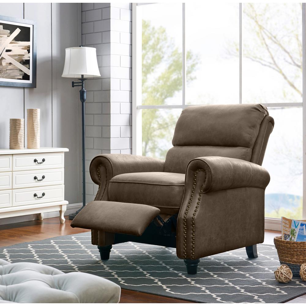 ProLounger Pushback Recliner with Nailheads in Distressed Brown Faux Leather. Picture 10