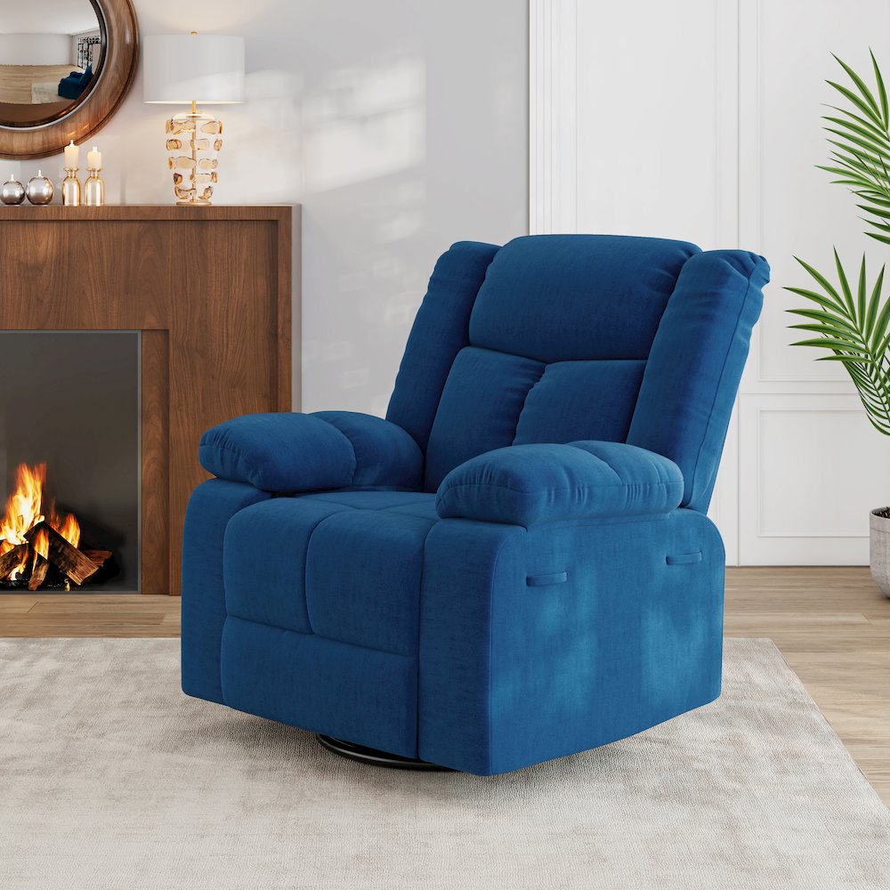 ProLounger Swivel Glider Recliner in Blue Velvet with Pillow Top Arms. Picture 8