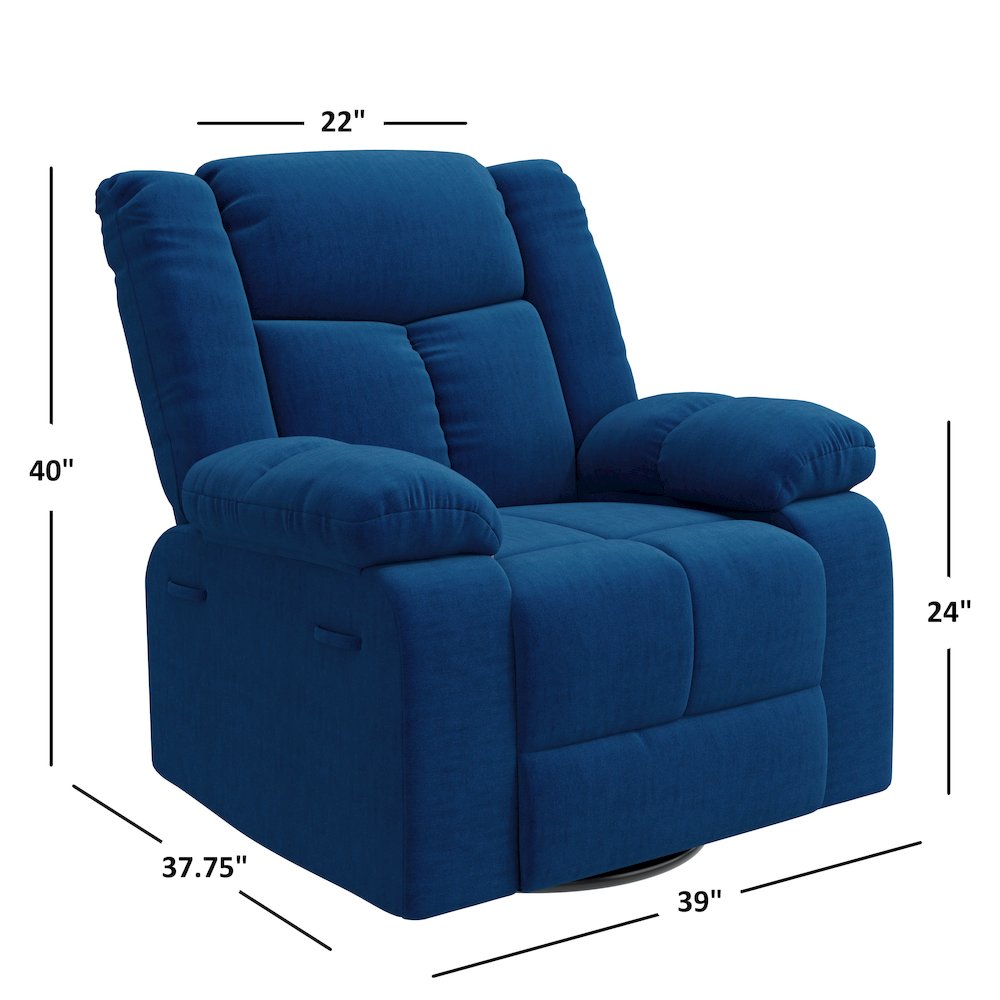 ProLounger Swivel Glider Recliner in Blue Velvet with Pillow Top Arms. Picture 7