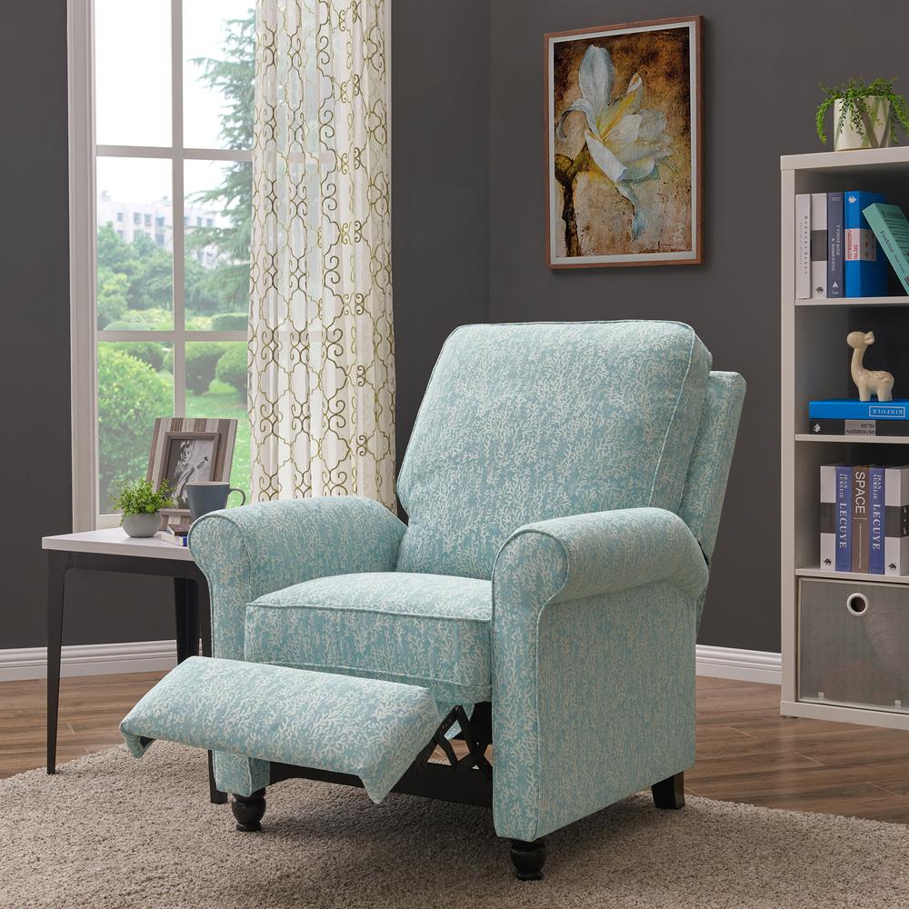 ProLounger Pushback Recliner in Sky Blue Coral Print. Picture 8