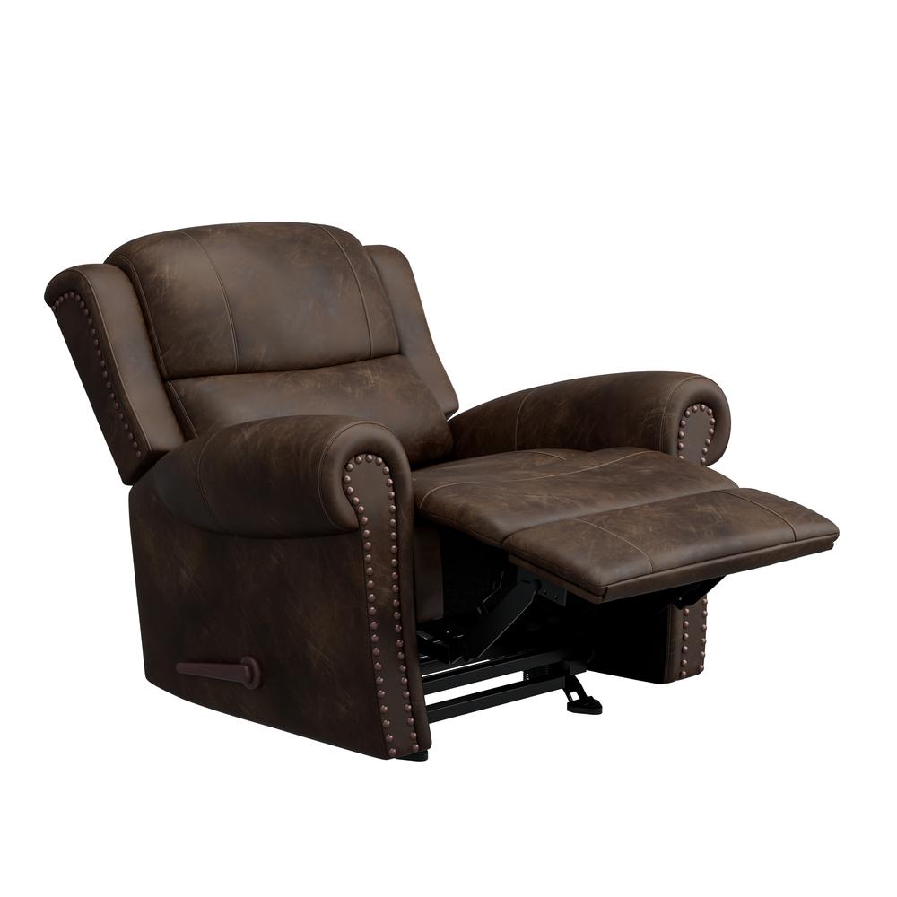 ProLounger Rocker Recliner in Distressed Saddle Brown Faux Leather. Picture 1