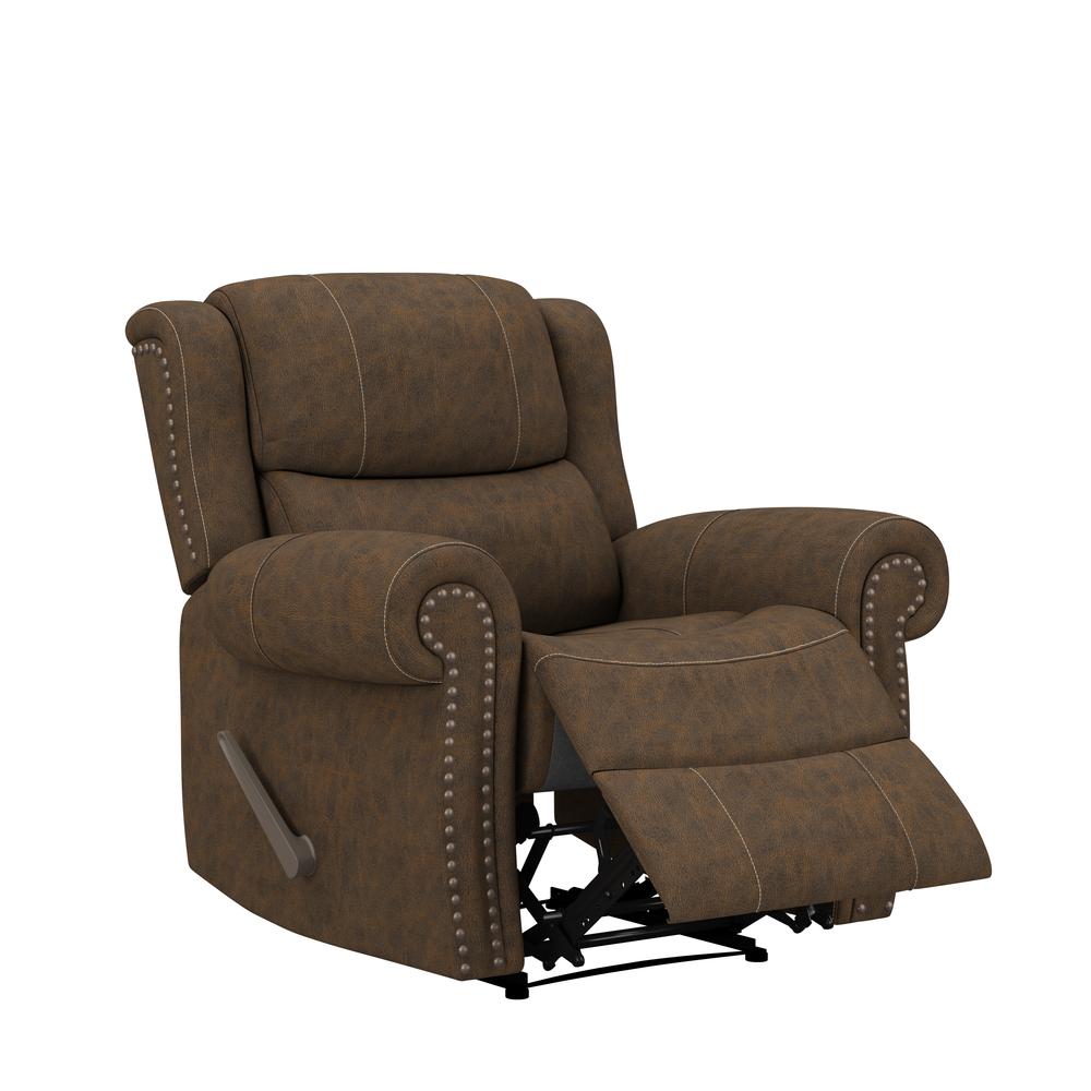 ProLounger Wall Hugger Recliner in Distressed Saddle Brown Faux Leather. Picture 1