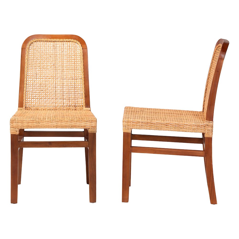 Walnut Brown Mahogany Wood and Natural Rattan 2-Piece Dining Chair Set. Picture 3