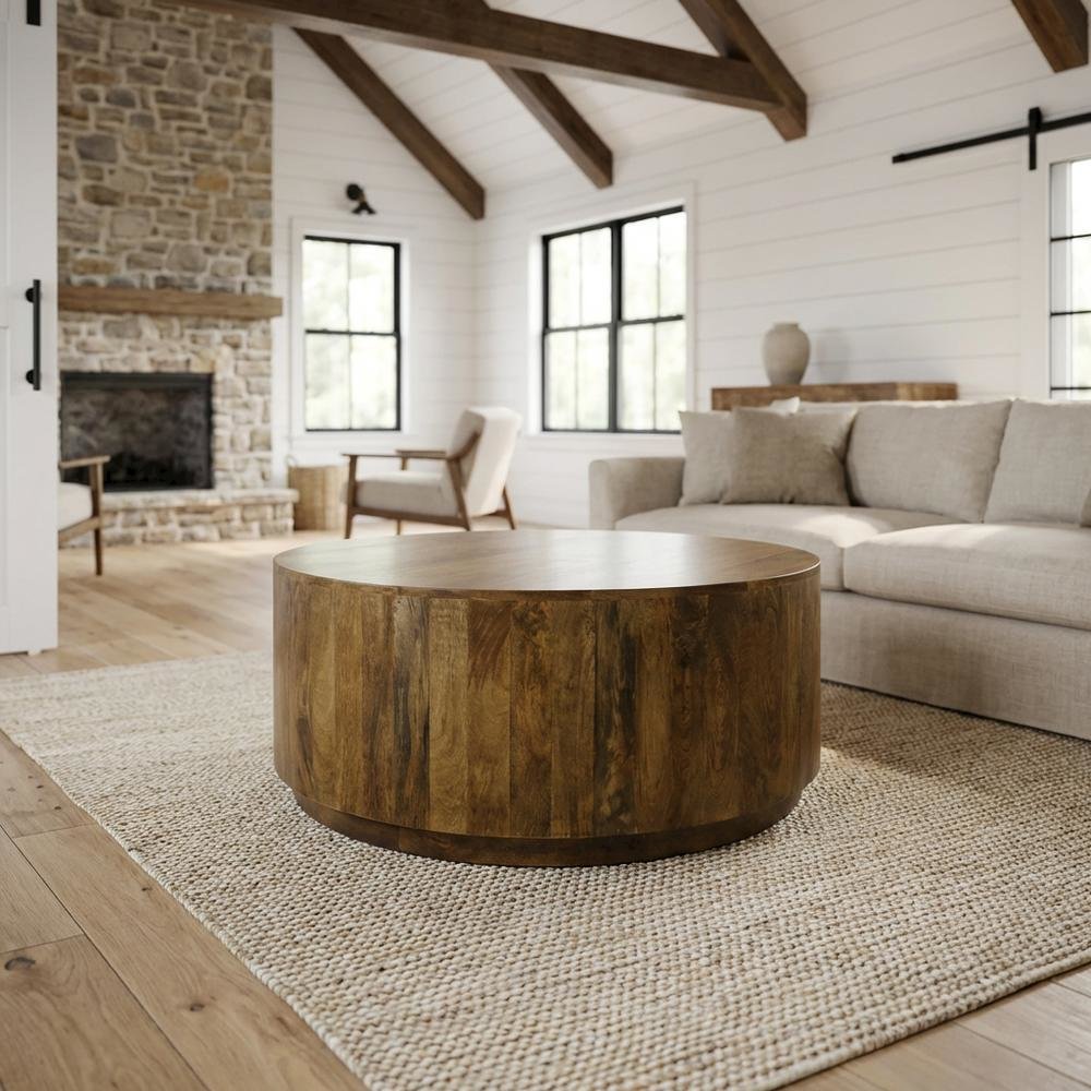 Round Wooden Coffee Table with Elm Finish and Mango Wood Top. Picture 2