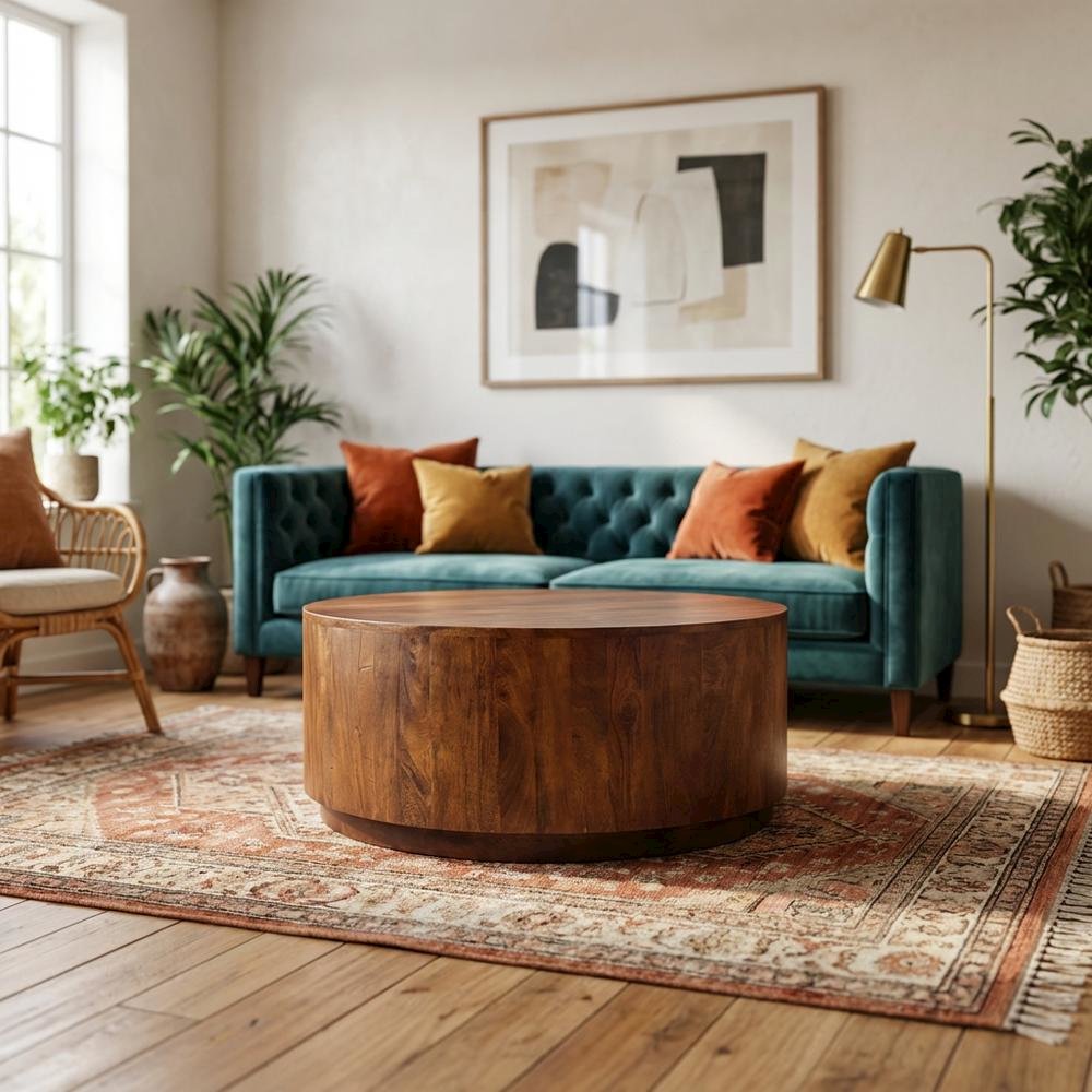 Round Wooden Coffee Table with Chestnut Finish and Mango Wood Construction. Picture 2