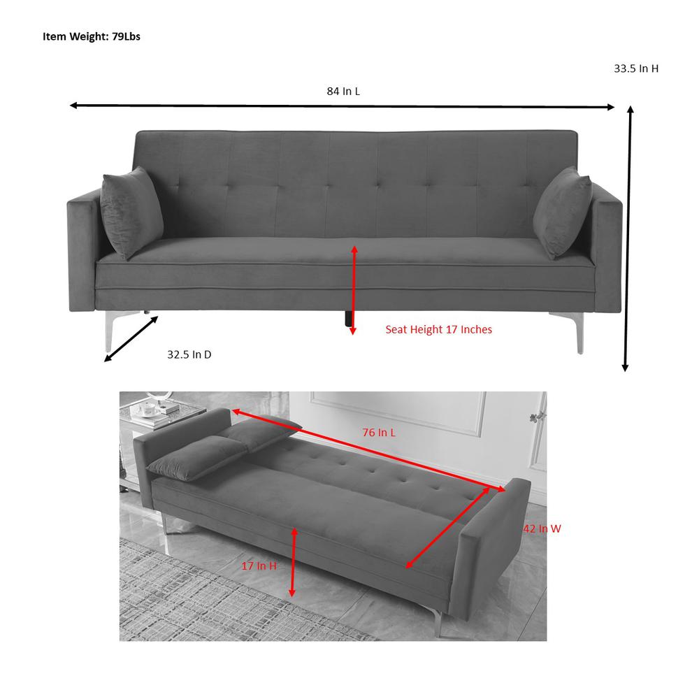 Siena Velvet Convertible Sleeper Sofa - Gray. Picture 5