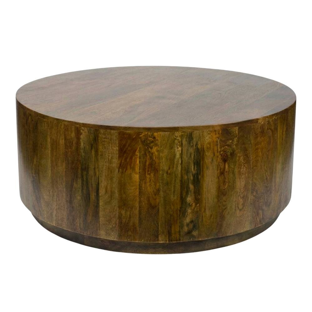 Round Wooden Coffee Table with Elm Finish and Mango Wood Top. Picture 1