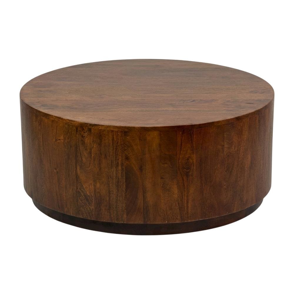Round Wooden Coffee Table with Chestnut Finish and Mango Wood Construction. Picture 1