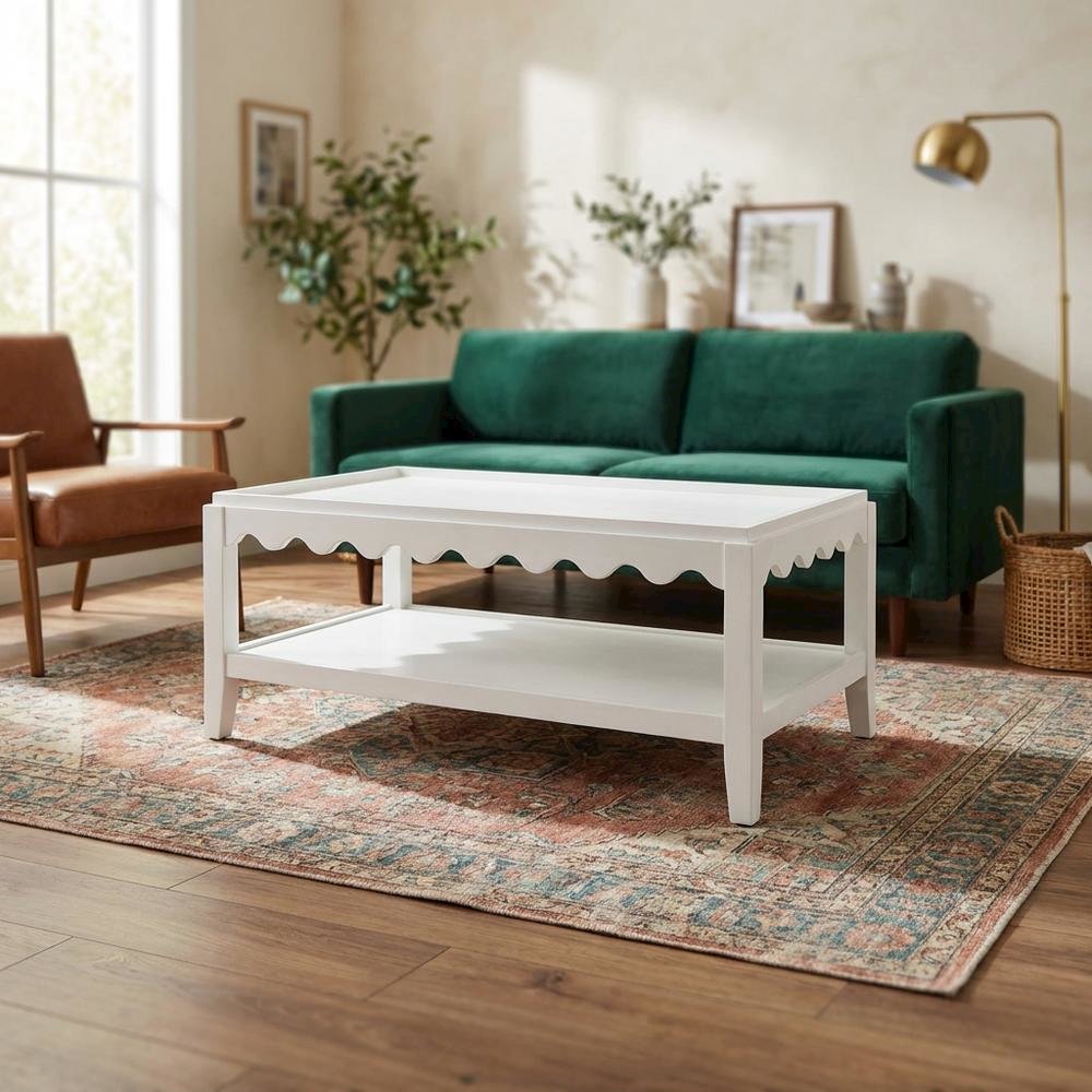Rectangular Mango Wood Coffee Table with Lower Shelf in White Finish. Picture 2