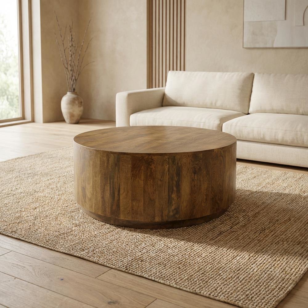 Round Wooden Coffee Table with Elm Finish and Mango Wood Top. Picture 3
