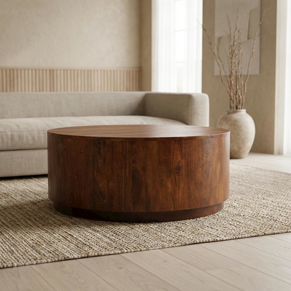 Round Wooden Coffee Table with Chestnut Finish and Mango Wood Construction. Picture 3