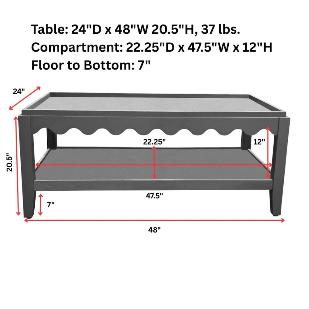 Scallop Coffee Table - Rectangular Mango Wood Side Table - Lower Shelf. Picture 8