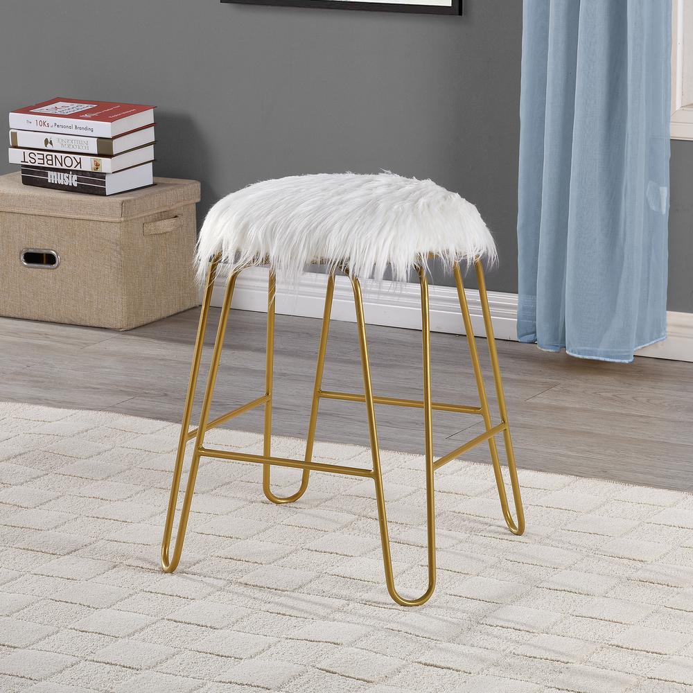 Morrissey 18" Vanity Stool - Gold - White Faux Fur Upholstery. Picture 4