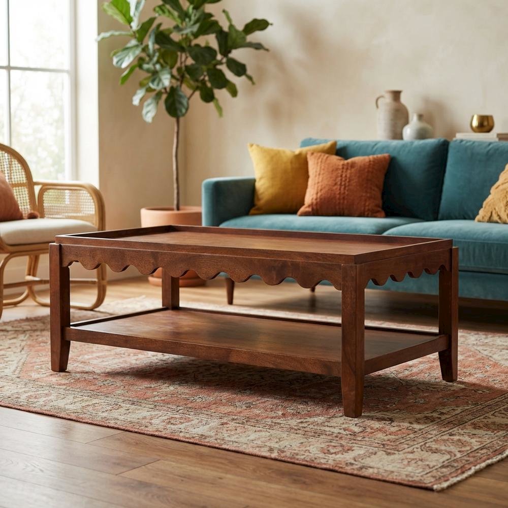 Rectangular Mango Wood Coffee Table with Lower Shelf, Transitional Style. Picture 2