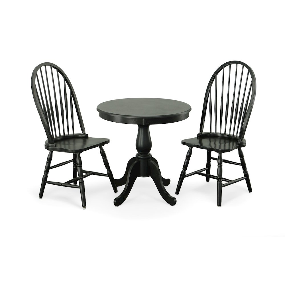 Fairview 30" Pedestal Dining Table with 2 Windsor Dining Chairs - Antique Black. Picture 1