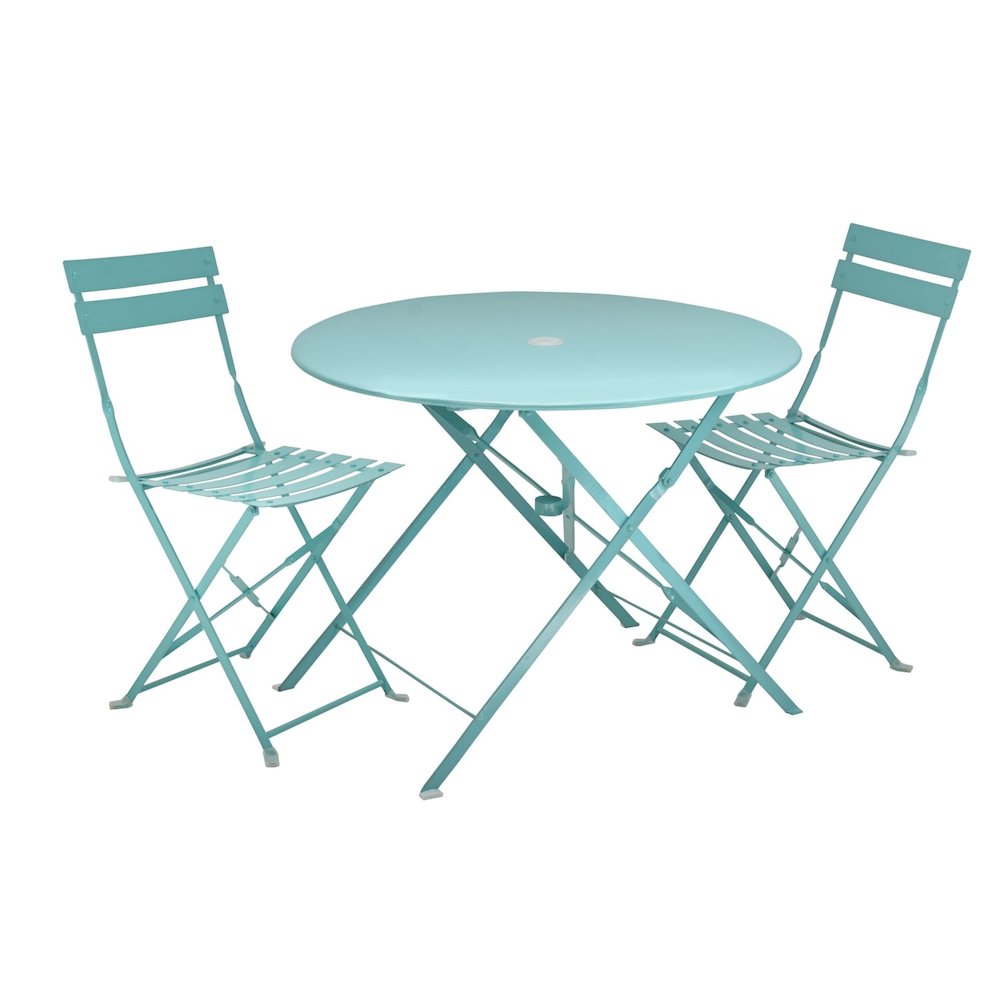 Bistro 36" Round Folding Outdoor Table - Umbrella Hole - Teal. Picture 2