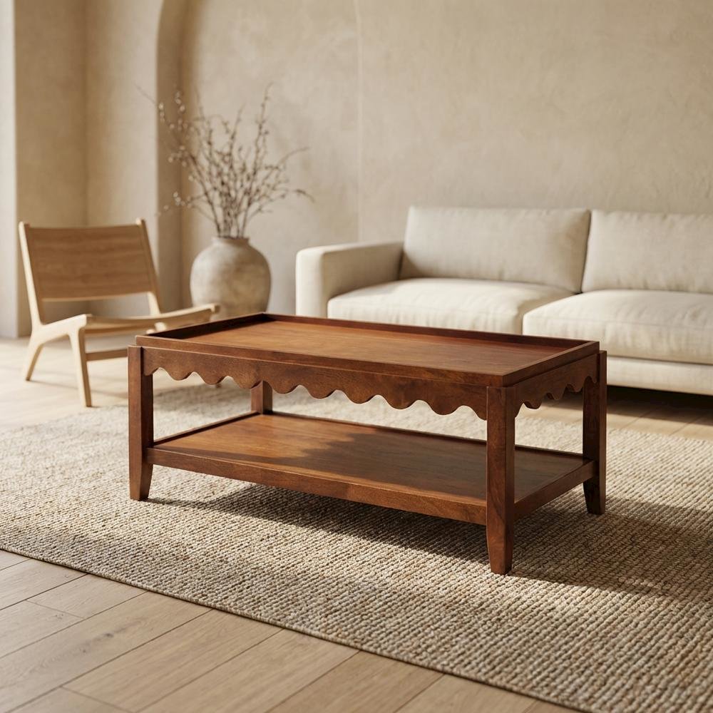 Rectangular Mango Wood Coffee Table with Lower Shelf, Transitional Style. Picture 3
