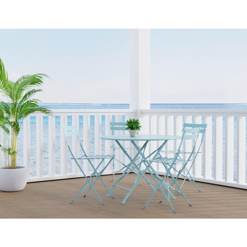 Bistro 36" Round Folding Outdoor Table - Umbrella Hole - Teal. Picture 5