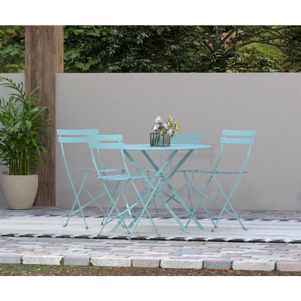 Bistro 36" Round Folding Outdoor Table - Umbrella Hole - Teal. Picture 7