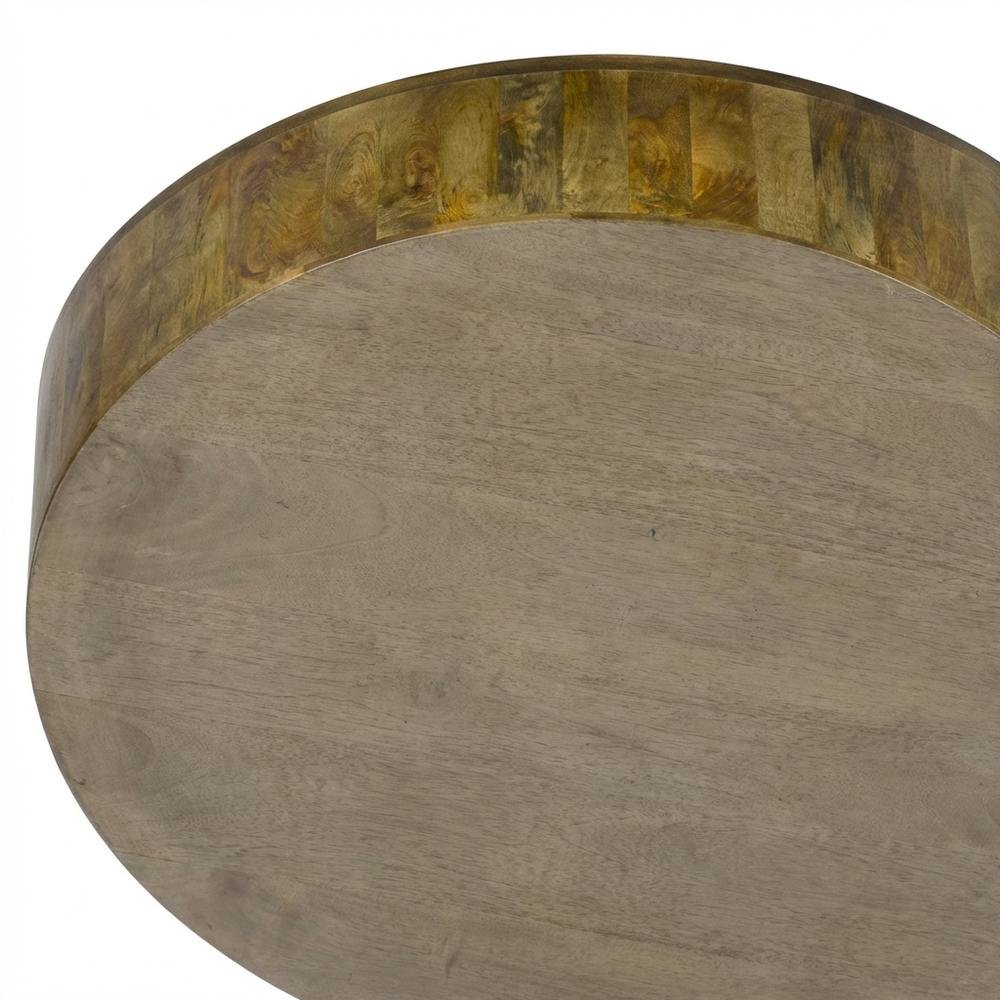 Round Wooden Coffee Table with Elm Finish and Mango Wood Top. Picture 5