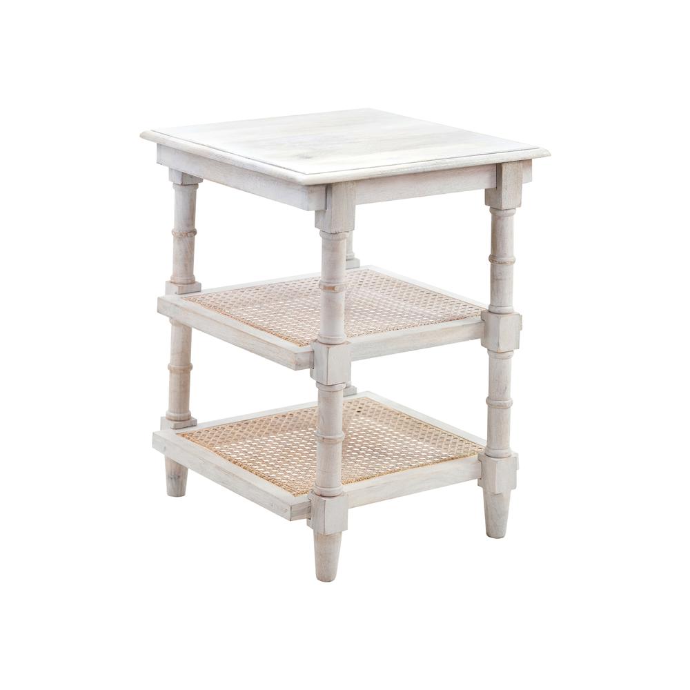 Chesterfield Wood & Cane 3 Shelf Side Table - Whitewash. Picture 1
