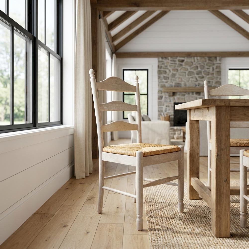 Rubberwood Rush-Seat Dining Chair with Ladder Back, Natural Driftwood, Natural. Picture 2