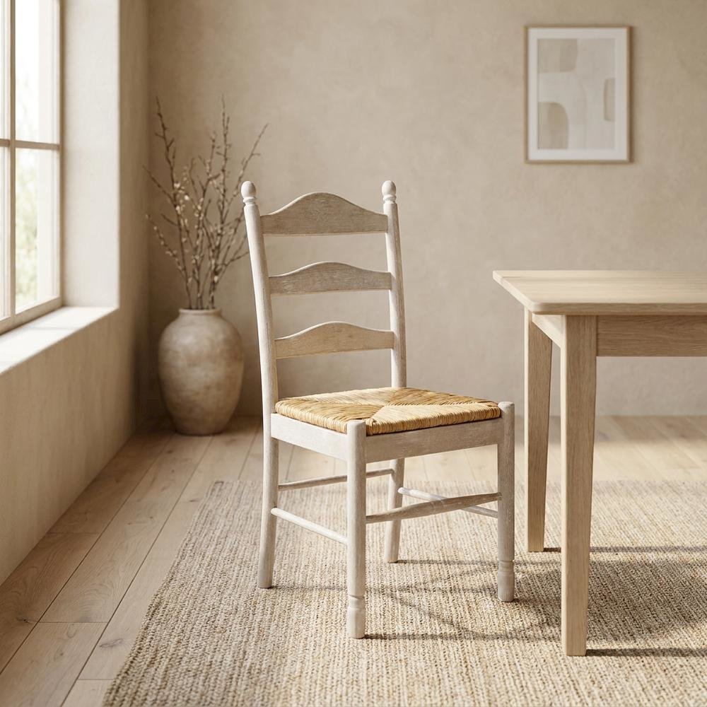 Rubberwood Rush-Seat Dining Chair with Ladder Back, Natural Driftwood, Natural. Picture 3