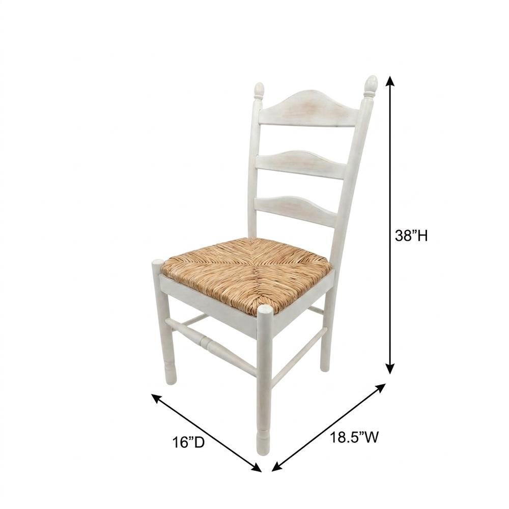 Rubberwood Rush-Seat Dining Chair with Ladder Back, Whitewash, Natural. Picture 5