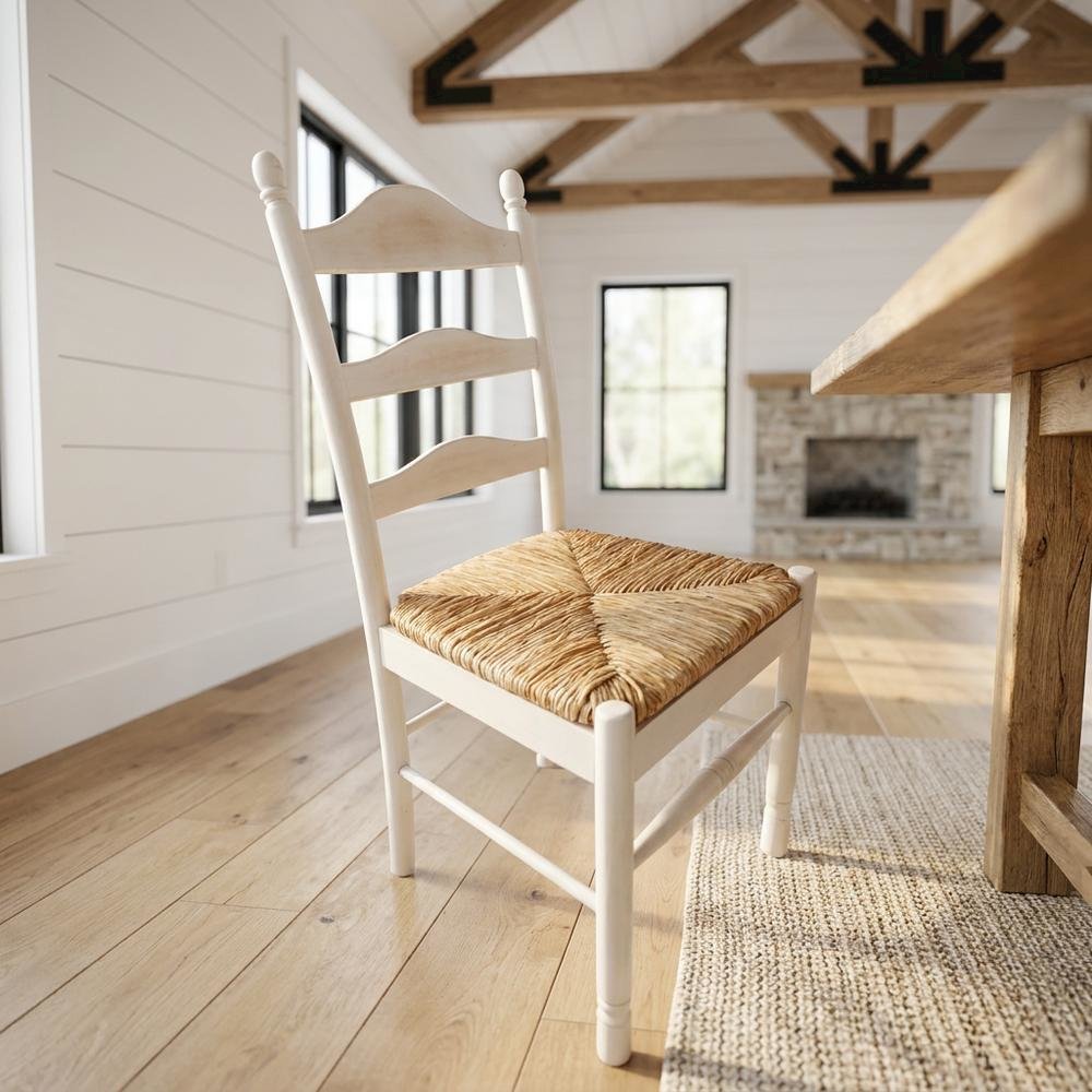 Rubberwood Rush-Seat Dining Chair with Ladder Back, Whitewash, Natural. Picture 2