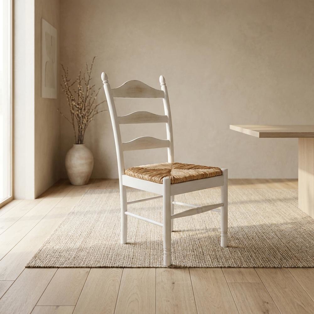 Rubberwood Rush-Seat Dining Chair with Ladder Back, Whitewash, Natural. Picture 3