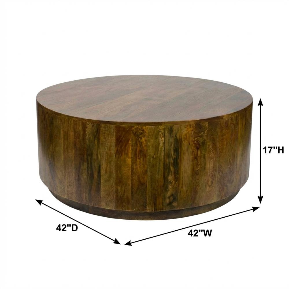 Round Wooden Coffee Table with Elm Finish and Mango Wood Top. Picture 7