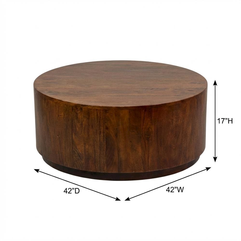 Round Wooden Coffee Table with Chestnut Finish and Mango Wood Construction. Picture 7