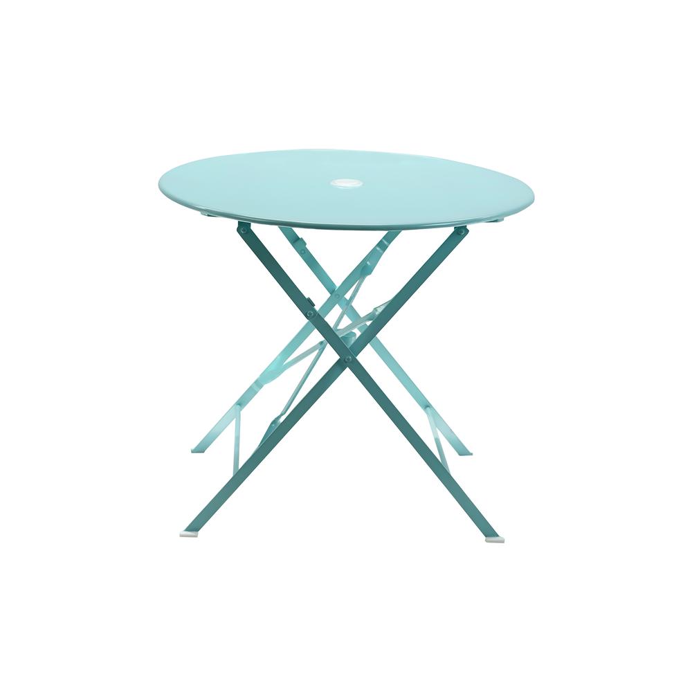 Bistro 30" Round Folding Outdoor Table - Umbrella Hole - Teal. Picture 3