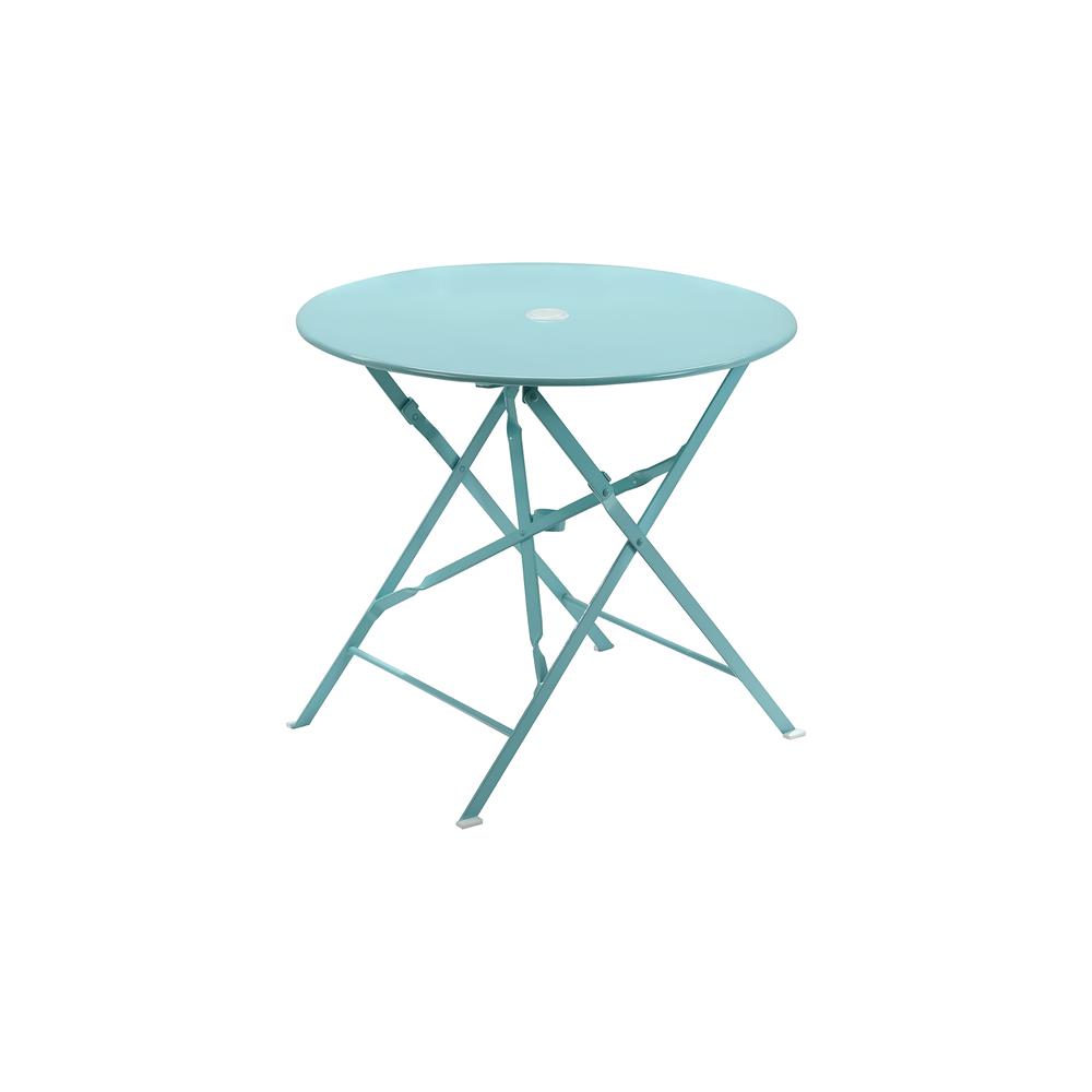 Bistro 30" Round Folding Outdoor Table - Umbrella Hole - Teal. Picture 1