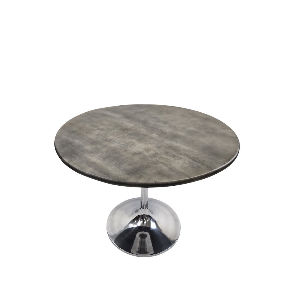 Alden Wood Top 36" Round Dining Table - Fog Gray Top - Chrome Base. Picture 3