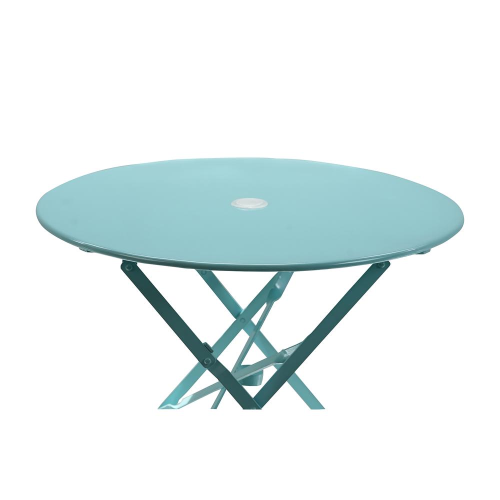 Bistro 30" Round Folding Outdoor Table - Umbrella Hole - Teal. Picture 2
