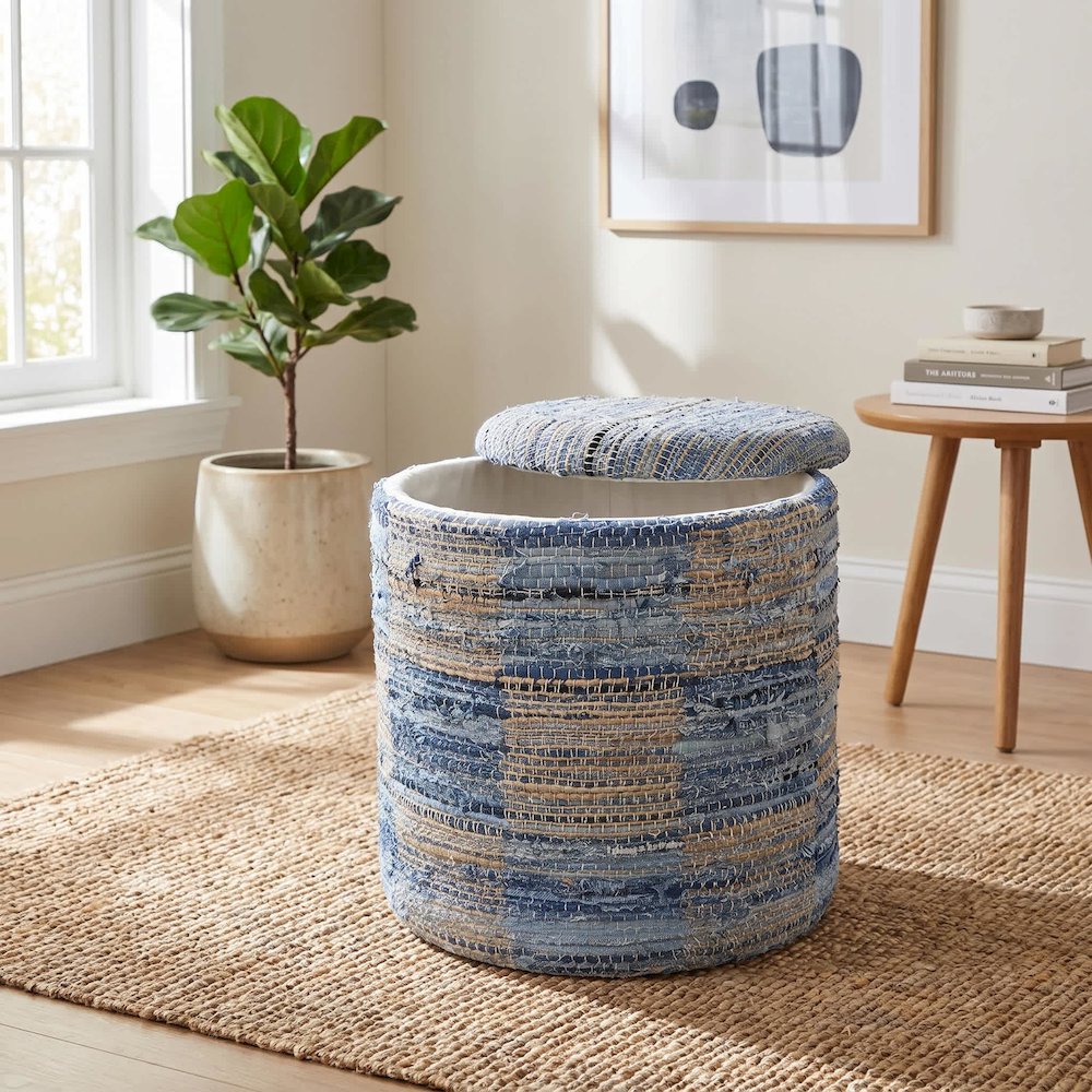 Handwoven Fabric Storage Ottoman - Multi-Purpose Foot Rest Cream. Picture 7
