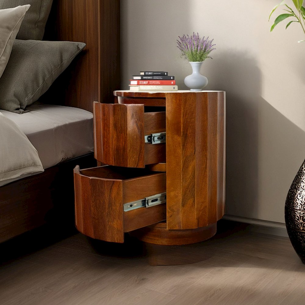 Harrison Groove 16"x 21" Round Scallop Accent Table with Drawers - Chestnut. Picture 7