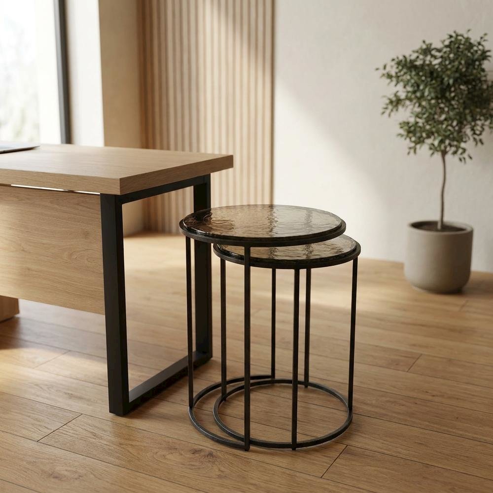 Recycled Glass Nesting Side Tables, Recycled Glass, Antique Nickel, 2 Piece. Picture 2