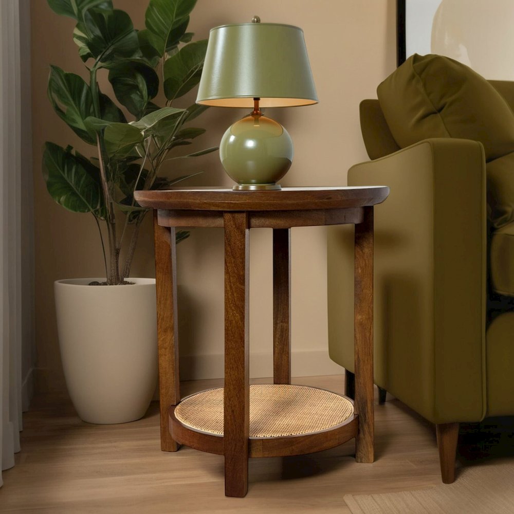 Haven 20" Round Accent Table with Cane Shelf - Blonde Acacia. Picture 7