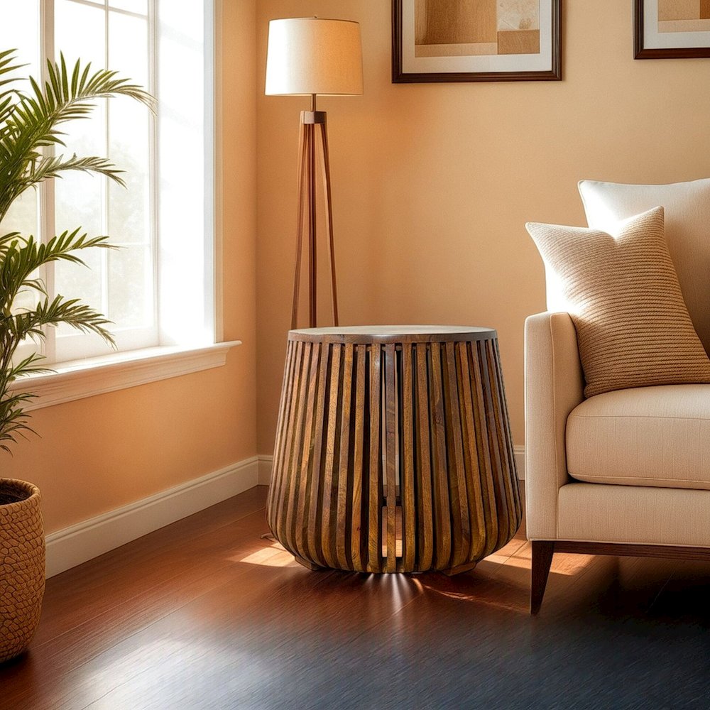 Cascade 24"x21" Slatted Bell Shaped Side Table - Chestnut. Picture 7