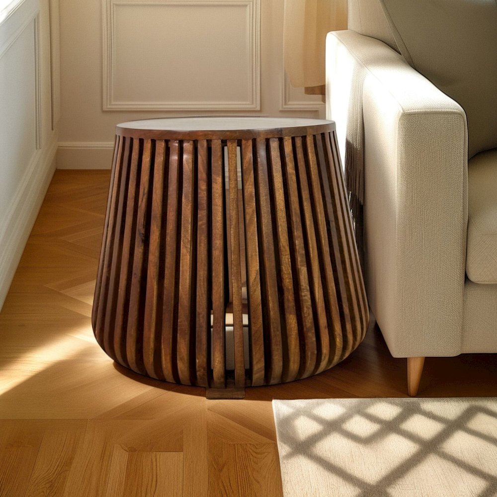 Cascade 24"x21" Slatted Bell Shaped Side Table - Chestnut. Picture 6