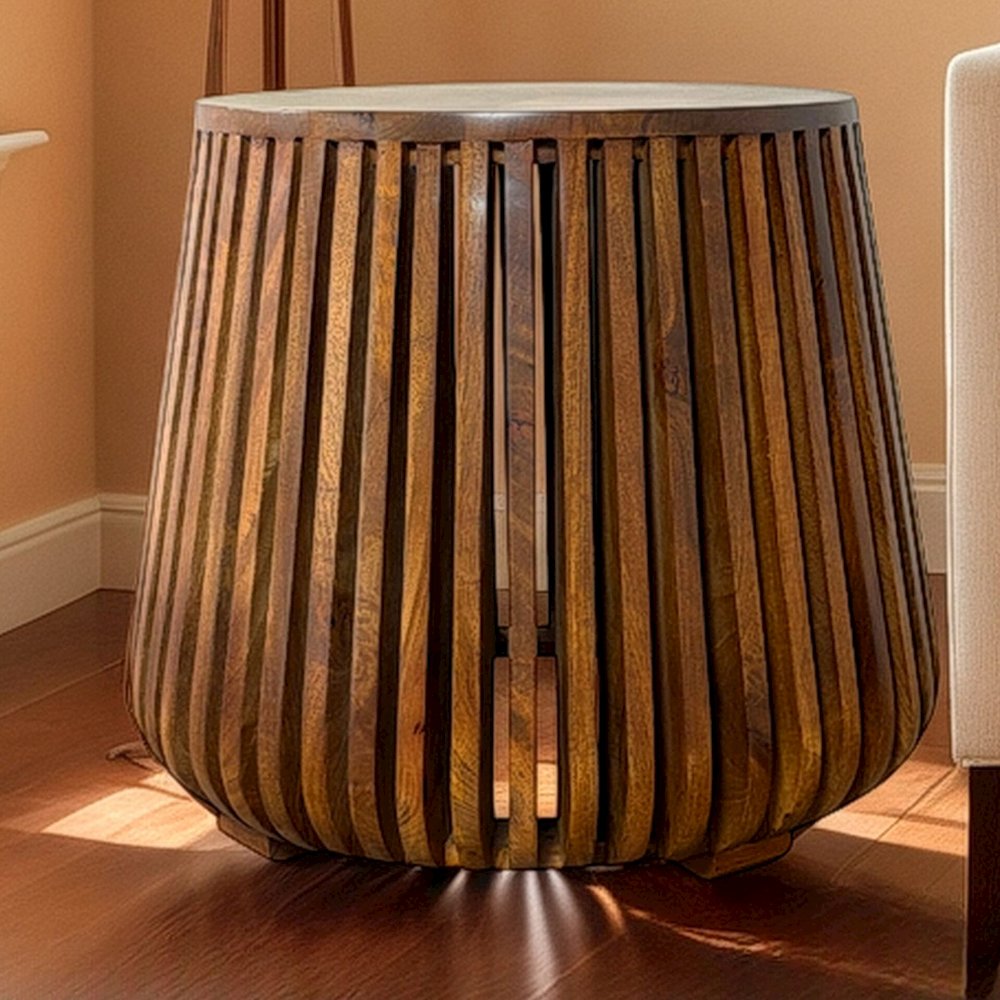 Cascade 24"x21" Slatted Bell Shaped Side Table - Chestnut. Picture 8